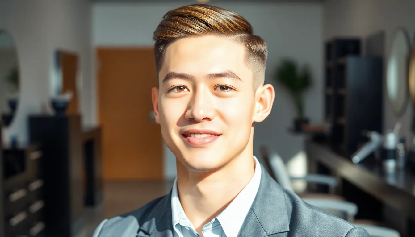 young man with straight hair in a mid fade taper hairstyle.